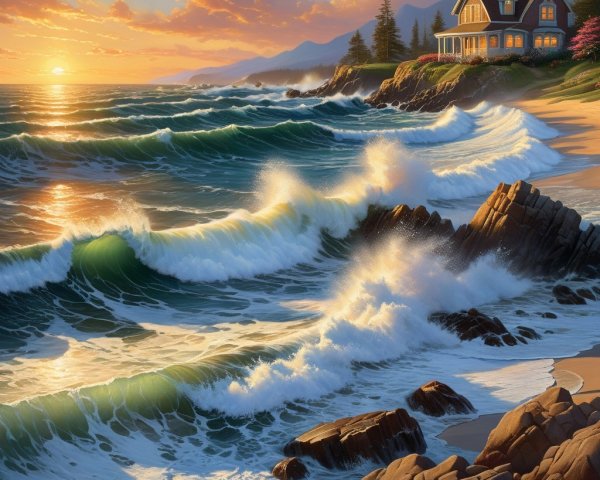 Serene Coastal Sunset with Vibrant Sky and House