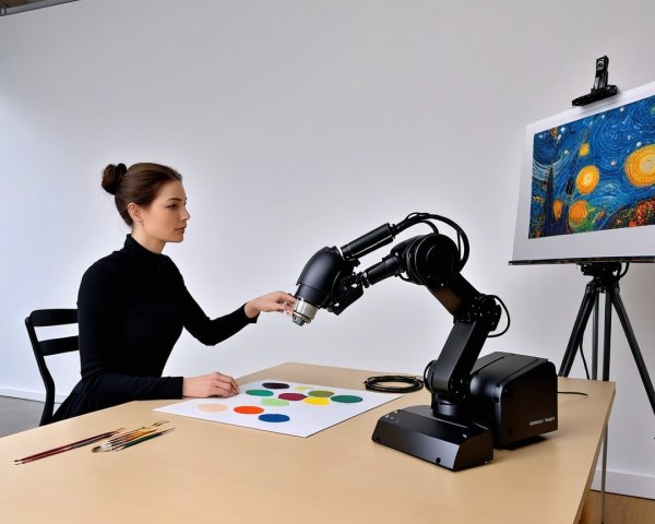 Woman at Table with Robotic Painting Arm and Art