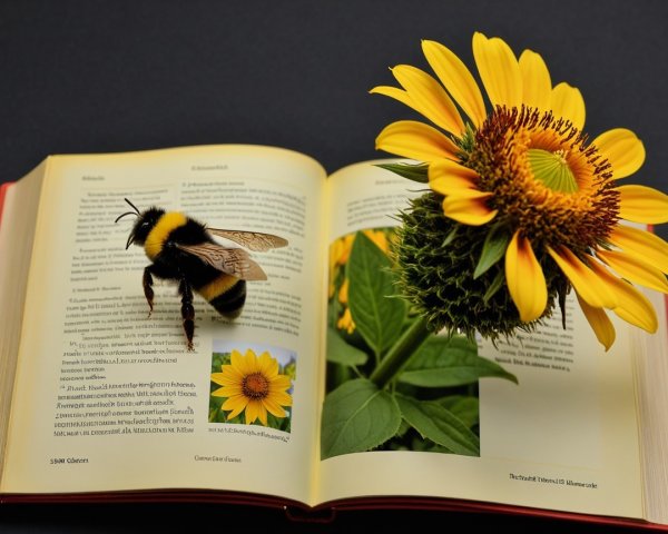 Bumblebee and Sunflower on Open Book Background