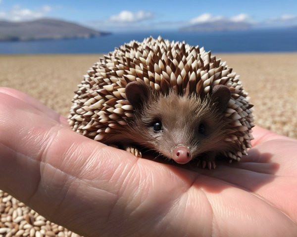 Hedgehog Resting in Hand with Serene Landscape Background