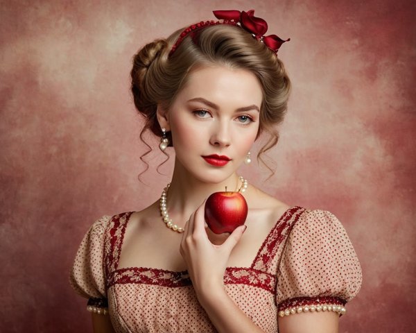 Vintage Elegance: A Young Woman with Red Apple