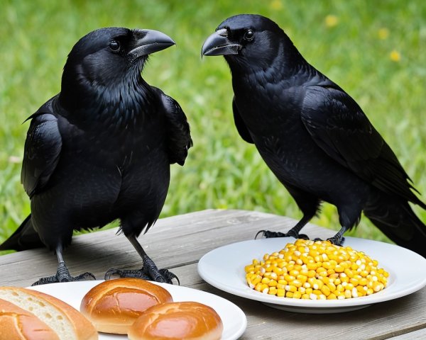 Crows Observing Corn and Rolls on Wooden Table