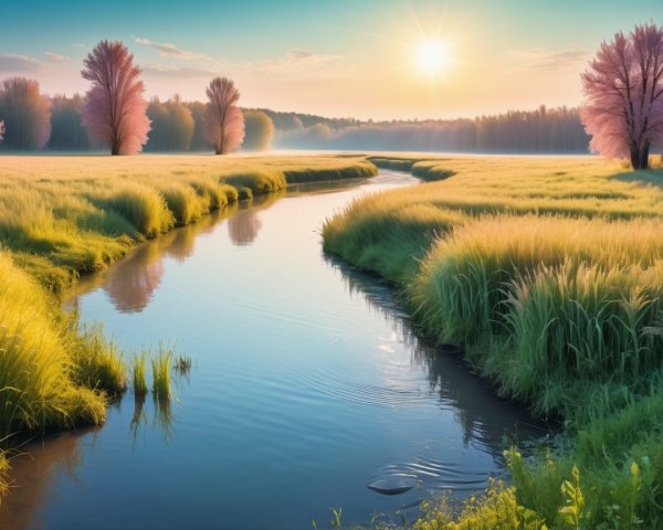Serene Landscape with River and Morning Mist