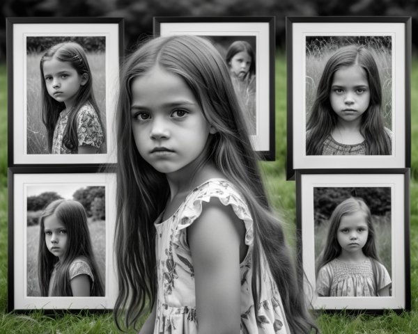 Young Girl Surrounded by Black-and-White Portraits