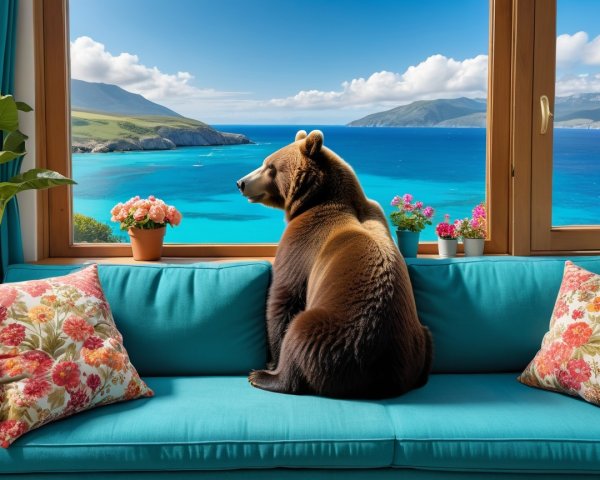 Brown bear on turquoise couch with seascape view