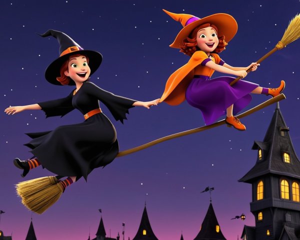 Cheerful Witches Flying on Broomstick at Night