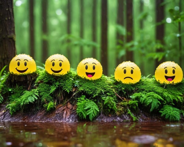 Yellow Smiley-Face Emojis on a Mossy Log in Forest
