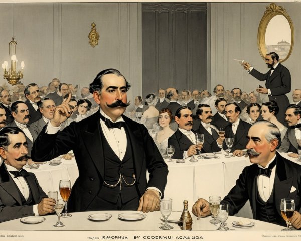 Grand banquet scene with gentleman speaking passionately