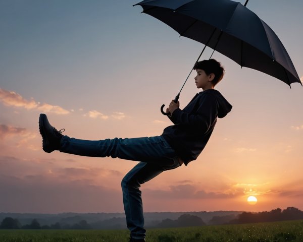 Young Person Balancing with Umbrella at Sunset