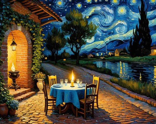 Outdoor Dining Scene Under Starry Night Sky
