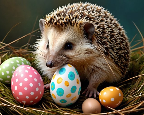 Hedgehog with Colorful Easter Eggs in Straw Setting