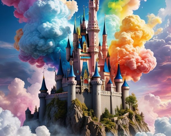 Symmetrical Fantasy Castle on Misty Mountain Landscape