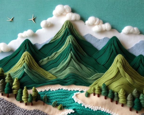 Embroidered and Knitted Serene Mountain Landscape