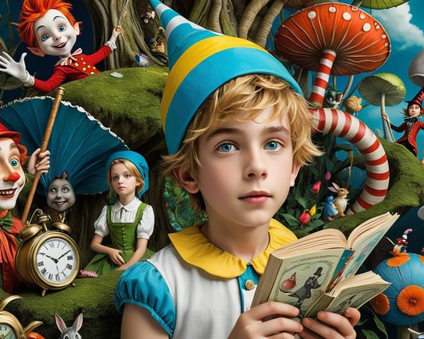 Colorful Scene of a Boy with an Open Book and Mushrooms