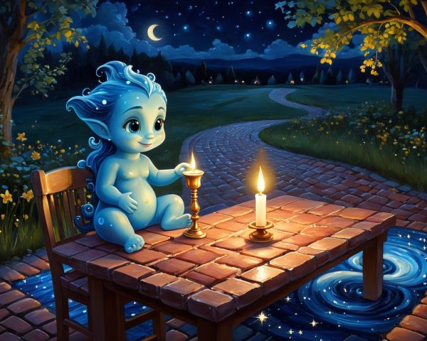 Whimsical Scene with Blue-Skinned Figure at Table