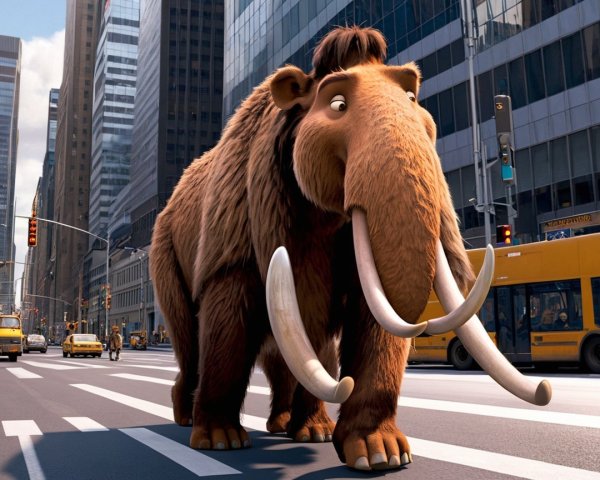 Mammoth Walks Through Busy City Street with Skyscrapers