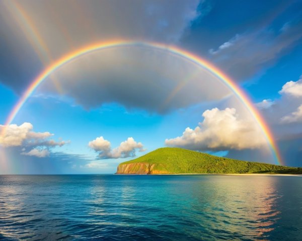 Rainbow Over Tranquil Sea and Lush Green Hillside