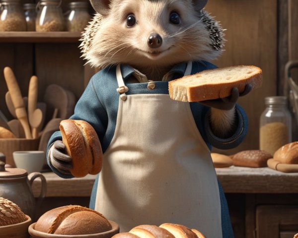 Hedgehog Baker in Rustic Kitchen with Fresh Bread