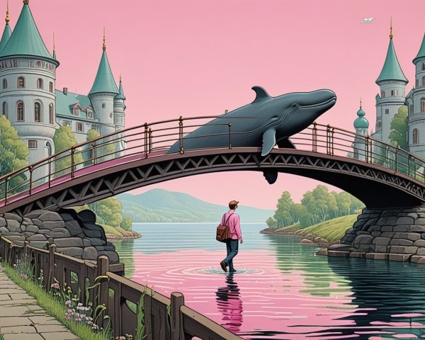 Man in pink water under whale near whimsical castles