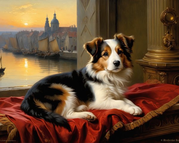 Tri-colored dog resting on red fabric by sunset waterfront