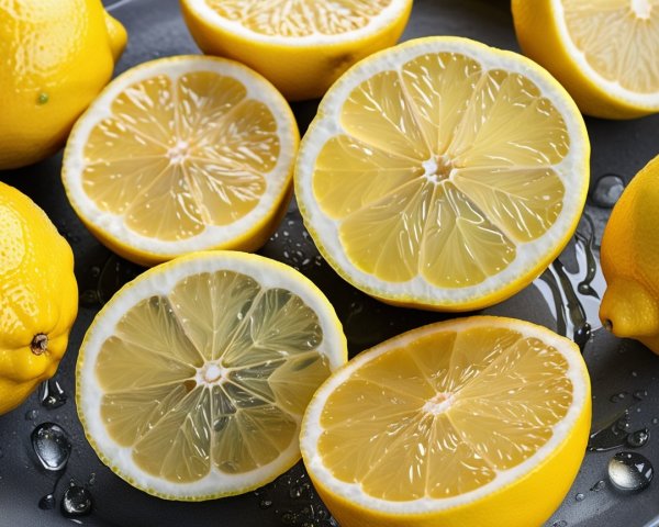 Vibrant Fresh Lemons with Juicy Halves and Water Droplets