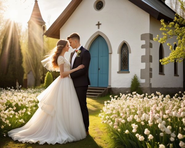 Bride and groom in front of a white chapel with tulips