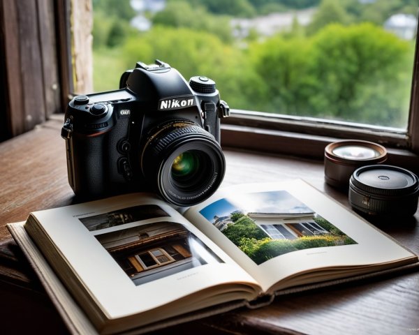 Nikon Camera and Photo Book on Wooden Table