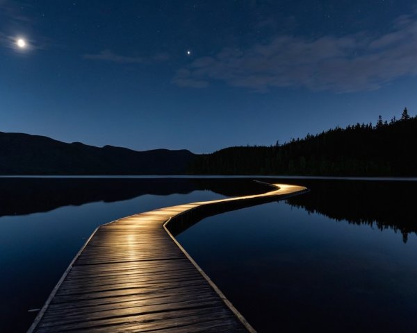 Moonlit Night Over Calm Lake with Pier and Stars