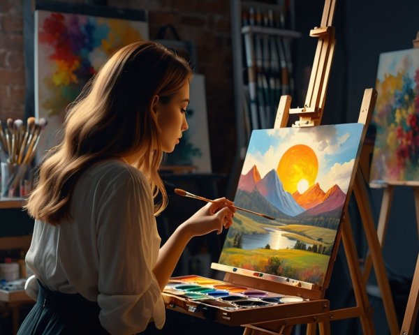 Young Woman Painting Sunset Over Mountains in Studio