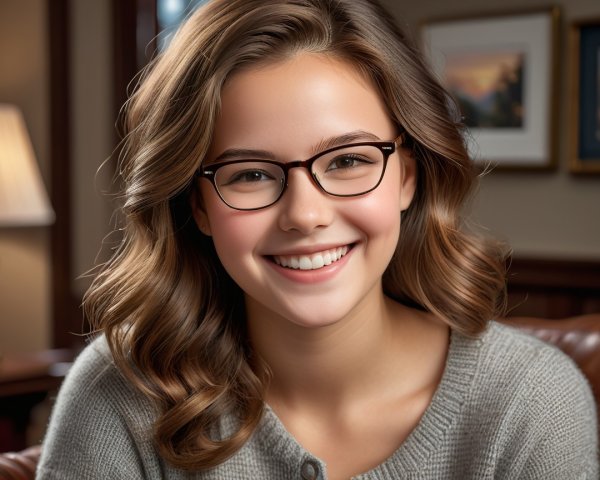 Young woman in cozy sweater with warm smile in bright room