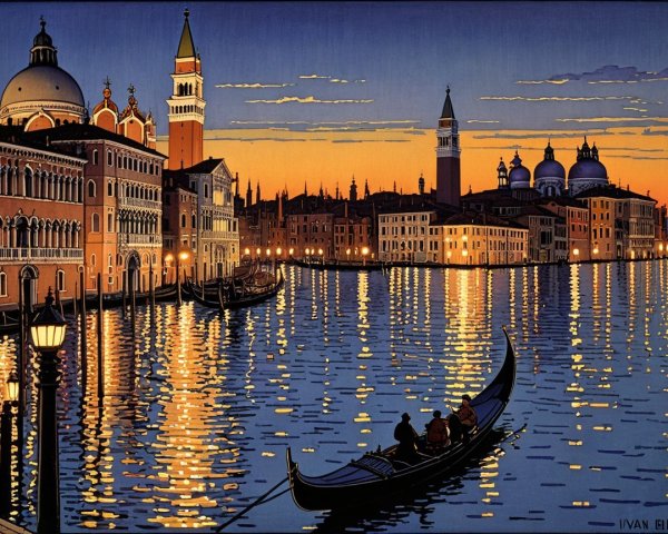 Sunset Scene in Venice with Gondolas on Grand Canal