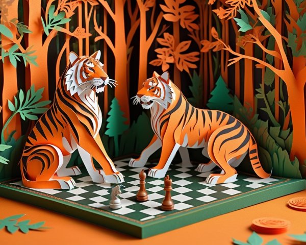 Paper Tigers on Chessboard in Lush Orange Forest