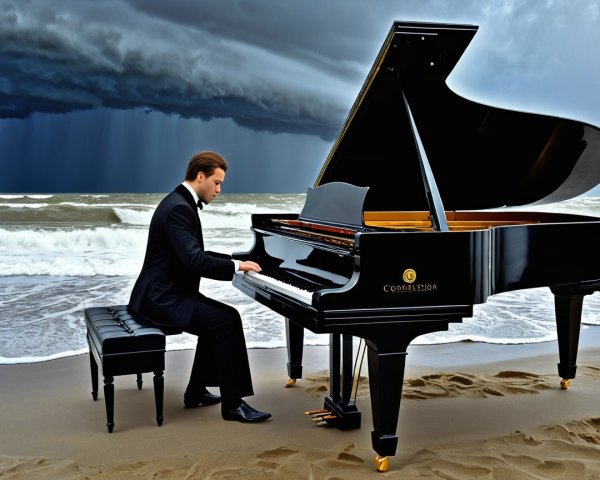 Man in Tuxedo Playing Grand Piano on Beach