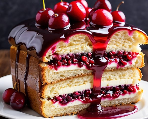 Layered cake with sponge, creamy filling, and cherries