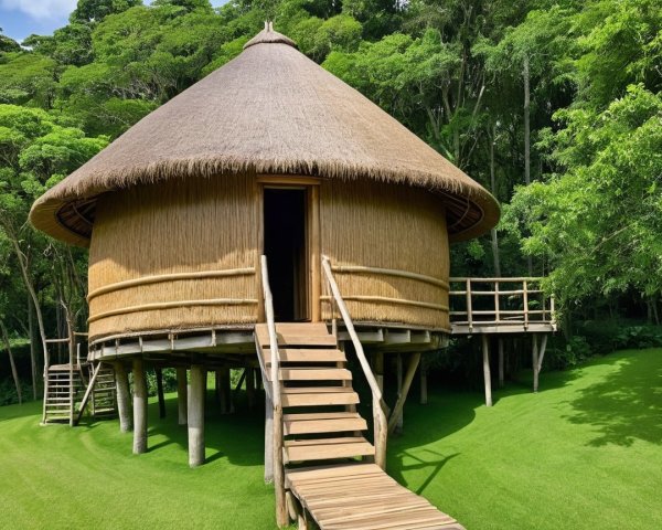 Thatched Roof Hut on Stilts in Lush Greenery
