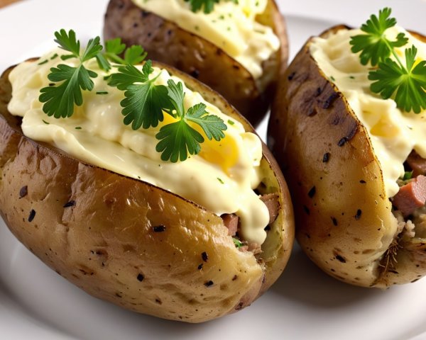 Baked Potatoes with Creamy Toppings and Parsley Garnish