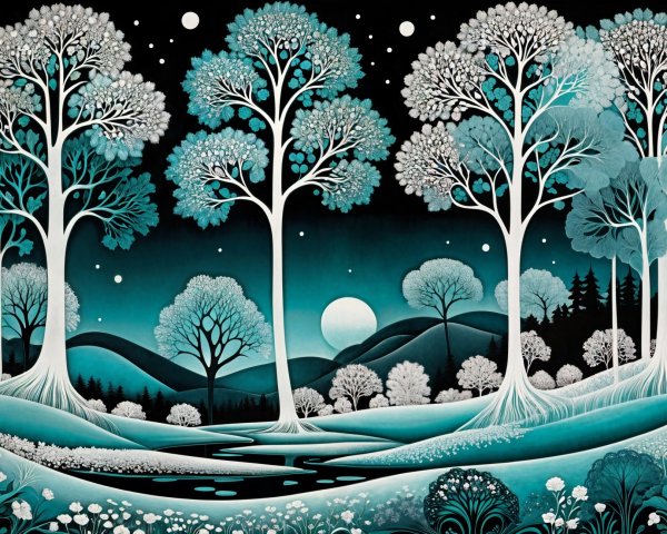 Serene landscape with stylized trees and moonlit stream