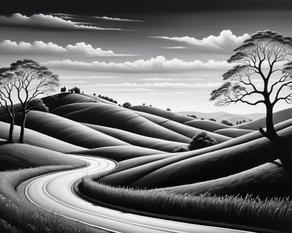 Black and White Landscape with Rolling Hills and Clouds
