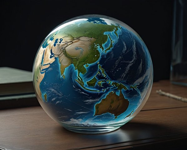 Vibrant Glass Globe Depicting Earth on Wooden Surface