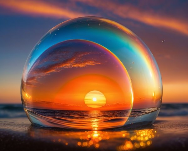 Crystal Orb Reflecting Vibrant Ocean Sunset Scene