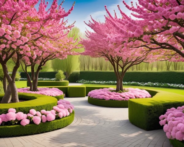 Vibrant Garden with Cherry Blossoms and Stone Pathway