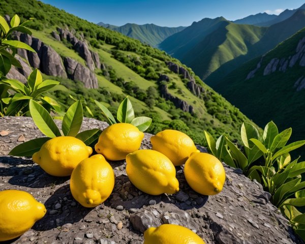 Vibrant Lemons on Rocky Ledge with Mountain Backdrop