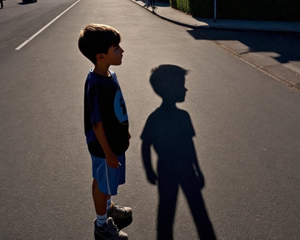 Silhouetted Boy on Asphalt Street with Shadow