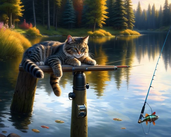 Tranquil Lake Scene with Cat and Fishing Rod