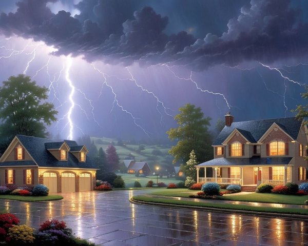 Stormy Night with Charming Houses and Lush Surroundings