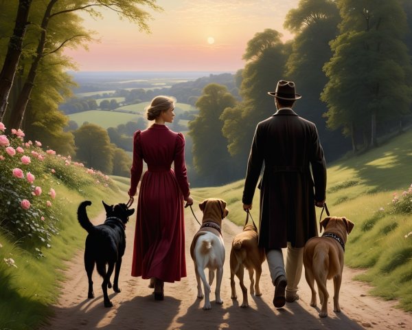 Couple Walking Dogs on a Dirt Path at Sunset