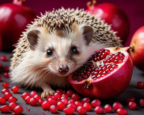 Hedgehog Surrounded by Vibrant Pomegranates and Seeds