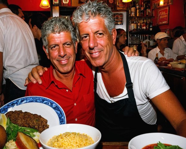 Two Similar Men Embracing in a Restaurant Setting