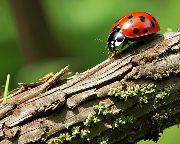 Vibrant Red Ladybug on Textured Wooden Branch