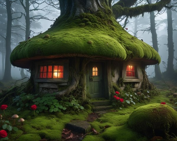 Whimsical Treehouse in a Misty Forest Setting